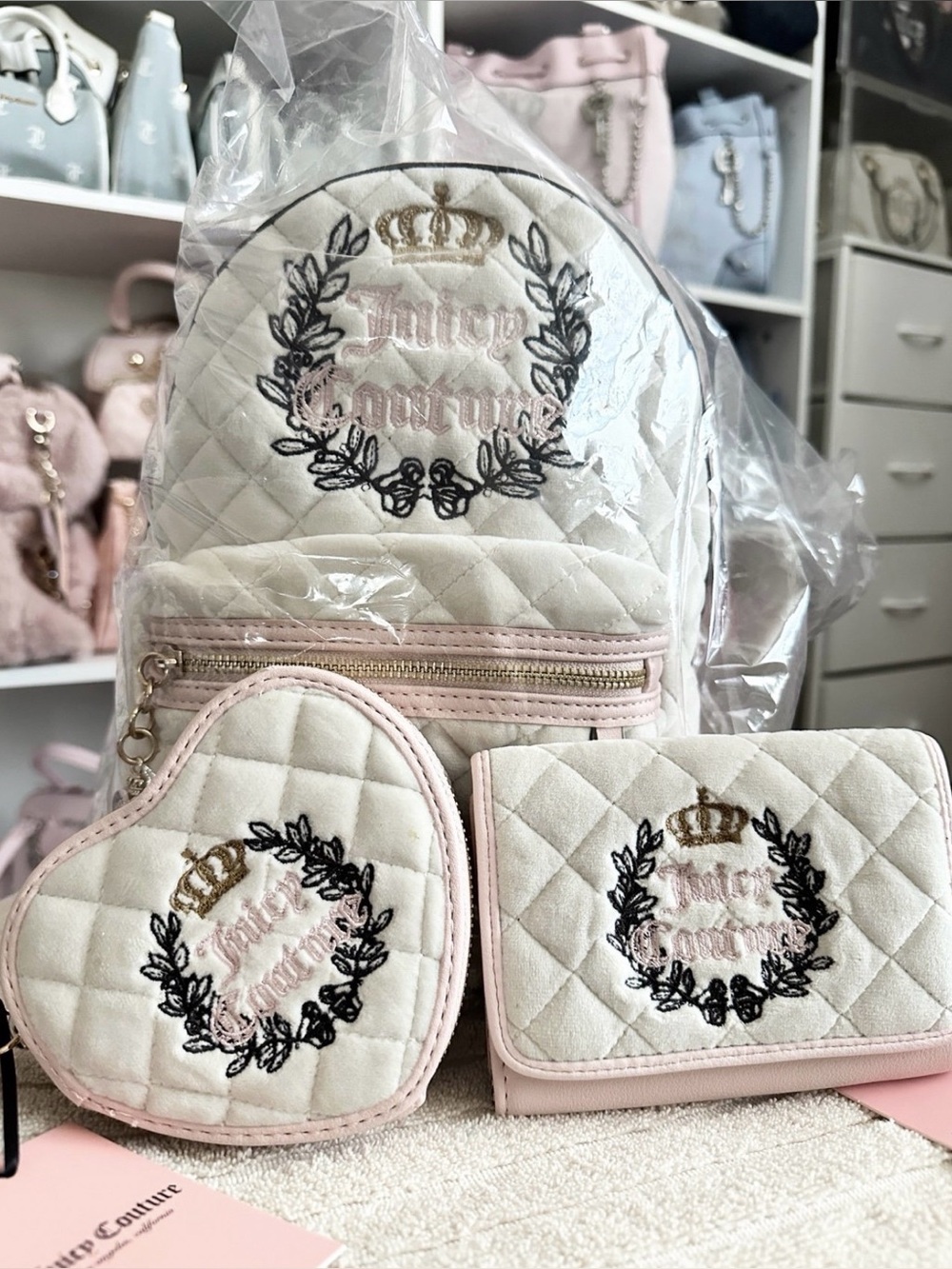 New! ~ Juicy Couture Heritage Mini Backpack, Wallet, Heart Wristlet Set